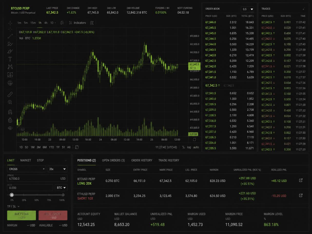 On-chain perpetual futures terminal with live candlestick charts and an order book